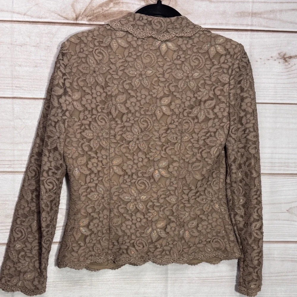 Talbots Brown Gold Metallic Floral Lace Button Front Jacket Scalloped Collar 4